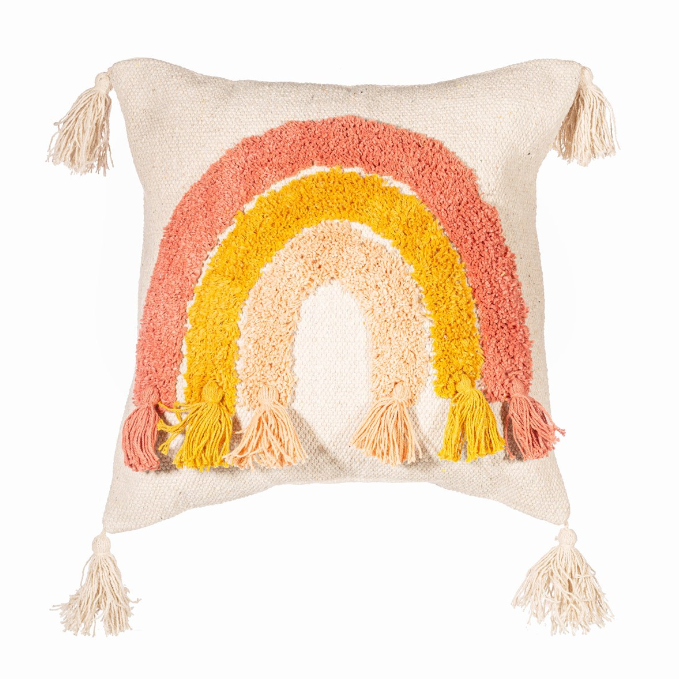 Photo of a cushion with a rainbow and tassels