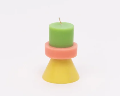 Photo of a mini stack candle in Lime Green, Coral and Yellow by Yod & Co