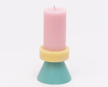 Photo of a tall stack candle in Floss Pink, Pale Yellow and Mint by Yod & Co